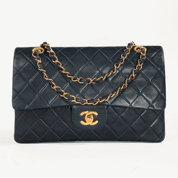 Chanel Navy Lambskin Leather Classic Medium Double Flap Shoulder Bag - Picture 1 of 16